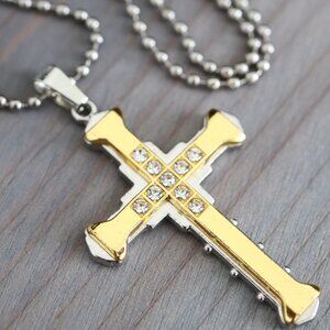 Cross with Clear Rhinestone Pendant Beads Chain Necklace 2-Tone Stainless Steel